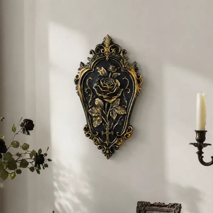 Plaque murale en relief croix baroque noire et or, style gothique vieilli, décor mural sculpté style sombre, ornement vintage