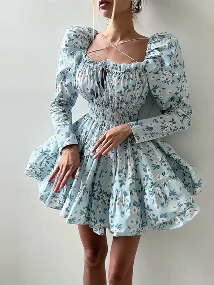 Robe courte imprimée à lacets pour femmes, col carré, manches longues, cintrée à la taille, robes de plage élégantes, été 2025