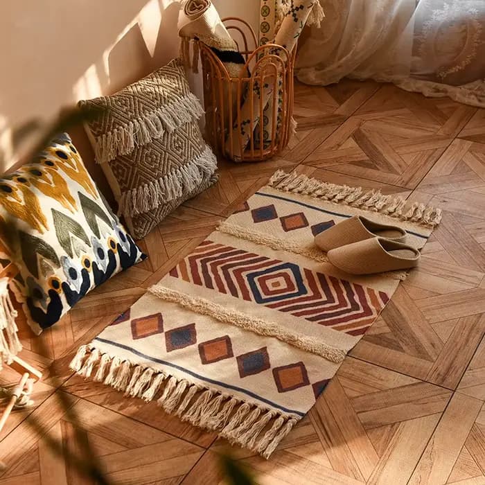 Tapis Bohème en Coton et Lin Tissé à la Main avec Pompons, Tapis de Sol Géométrique pour Chambre à Coucher, Tapis de Chevet Antidérapant, Tapis de Cuisine, Décoration Intérieure