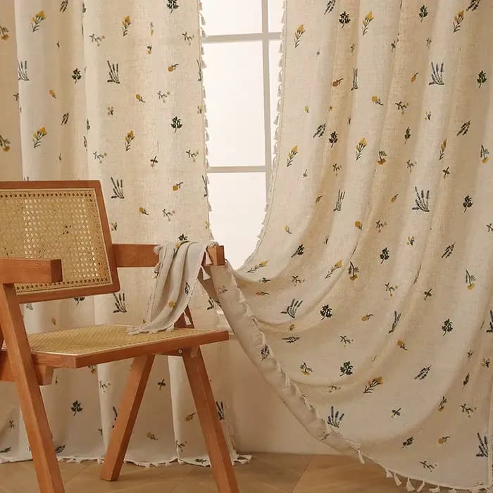 Rideaux en coton et lin, style Boho, marguerite brodée, fenêtre de ferme, tige florale Beige, draperies de poche, filtrage de la lumière, salon, chambre à coucher