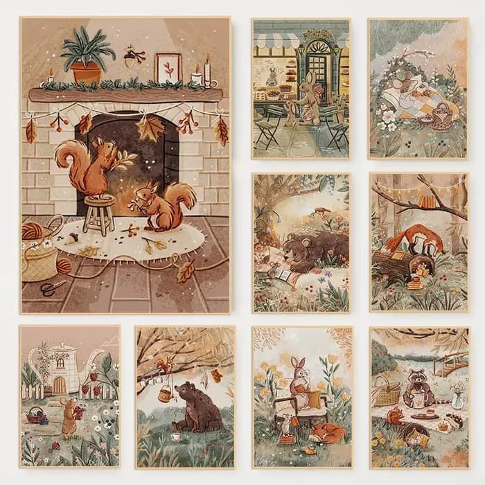 Affiche illustrée d'histoires du coucher, animaux de la forêt mignons, lapin, renard, souris, peinture sur toile, Art mural, décoration de maison pour chambre d'enfant