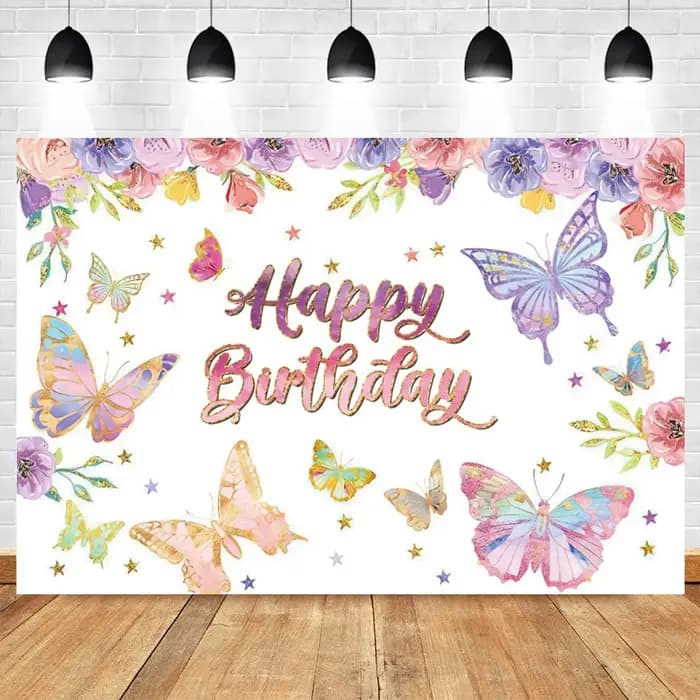 Toile de fond papillon pour fête d'anniversaire, princesse fleur, réception-cadeau pour bébé, nom personnalisé, décor de fond de photographie, affiche de bannière
