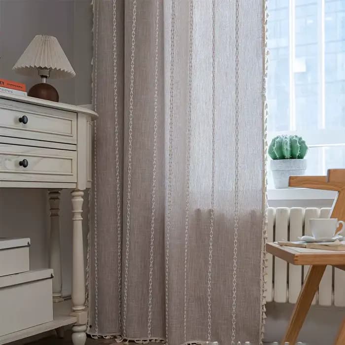 Rideaux en coton et lin, ombre de poche de route, avec pompon, pour cuisine, chambre à coucher, salon, baie vitrée, armoire