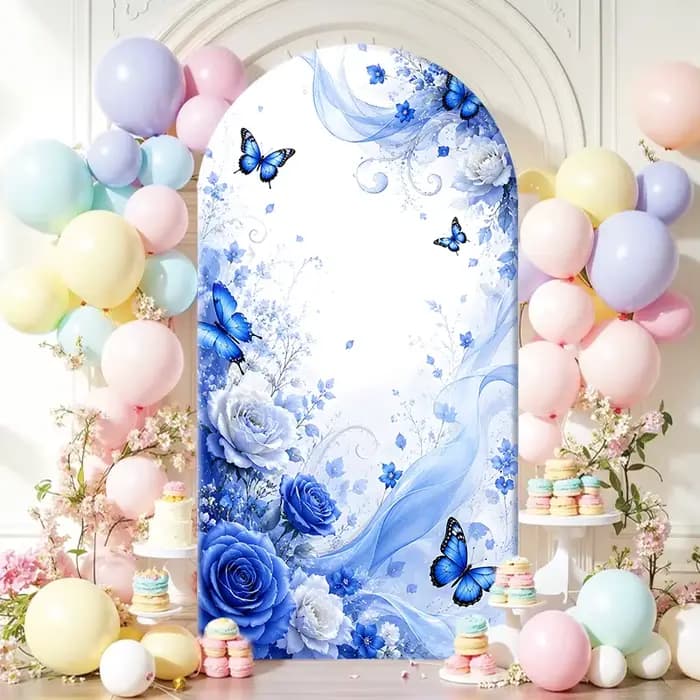Housse de toile de fond arche papillon bleue à motif floral, thème Princesse, pour Quinceañera, Sweet 15, Mariage, Anniversaire de fille, et comme fond de photomaton