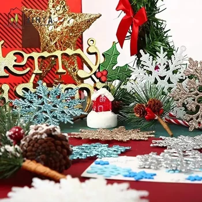 Flocons de neige pour décoration d'arbre de noël, 24/12/6 pièces, flocons de neige bleus avec poudre brillante, décor suspendu pour l'hiver et le nouvel an