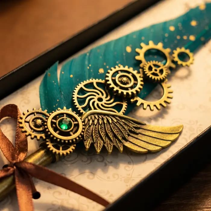 Stylo plume steampunk vintage artisanal avec engrenages mécaniques, plume en alliage noir ornée de paillettes dorées pour outils d'écriture