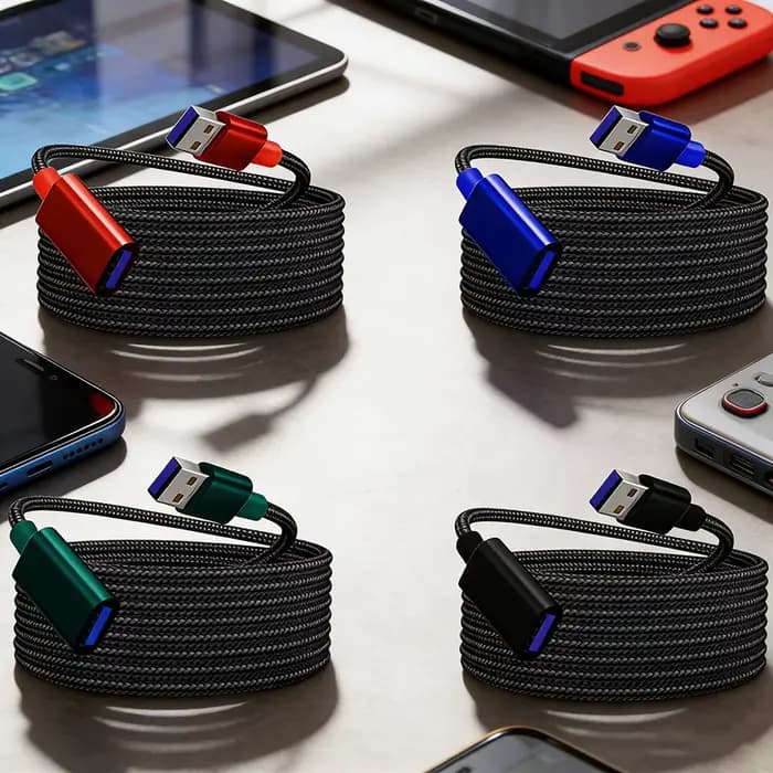Câbles d'extension USB pour claviers, souris, consoles de jeux et autres appareils, disponibles en quatre couleurs.