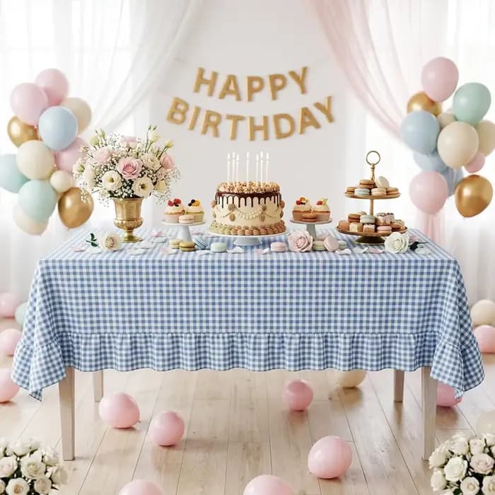 Nappe à carreaux bleue et blanche à volants, style rétro minimaliste, pour la cuisine, les mariages et la décoration de table de fêtes
