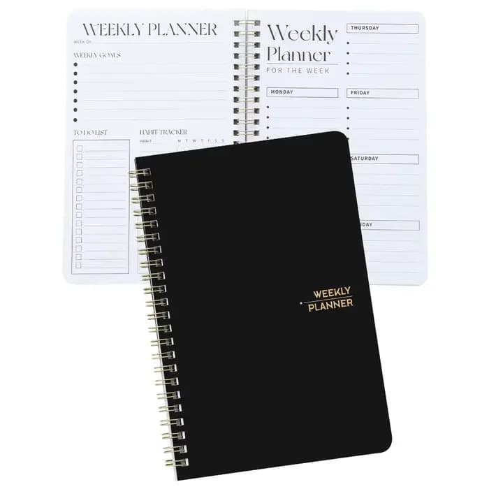 Planificateur hebdomadaire non daté, 53 feuilles, carnet à couverture rigide en PVC, liste des buts hebdomadaires, planificateur académique, horaires quotidiens, priorités