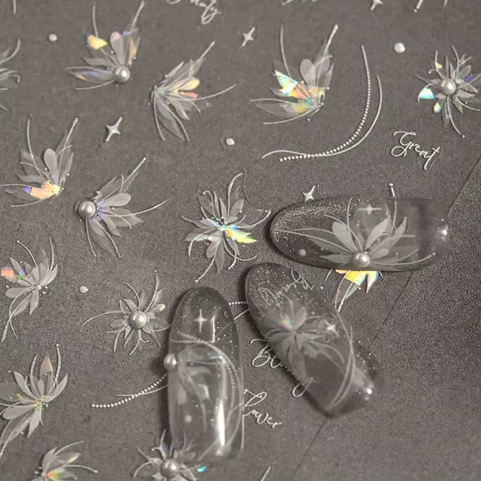 Autocollants pour ongles translucides 5D, haute qualité, en relief, blanc pur, perle dahlia, strass