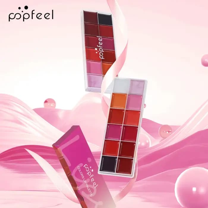 POPFEEL Palette de rouge à lèvres et fard à joues 2 en 1 longue durée de 12 couleurs – Formule légère et hydratante pour une beauté sans effort.